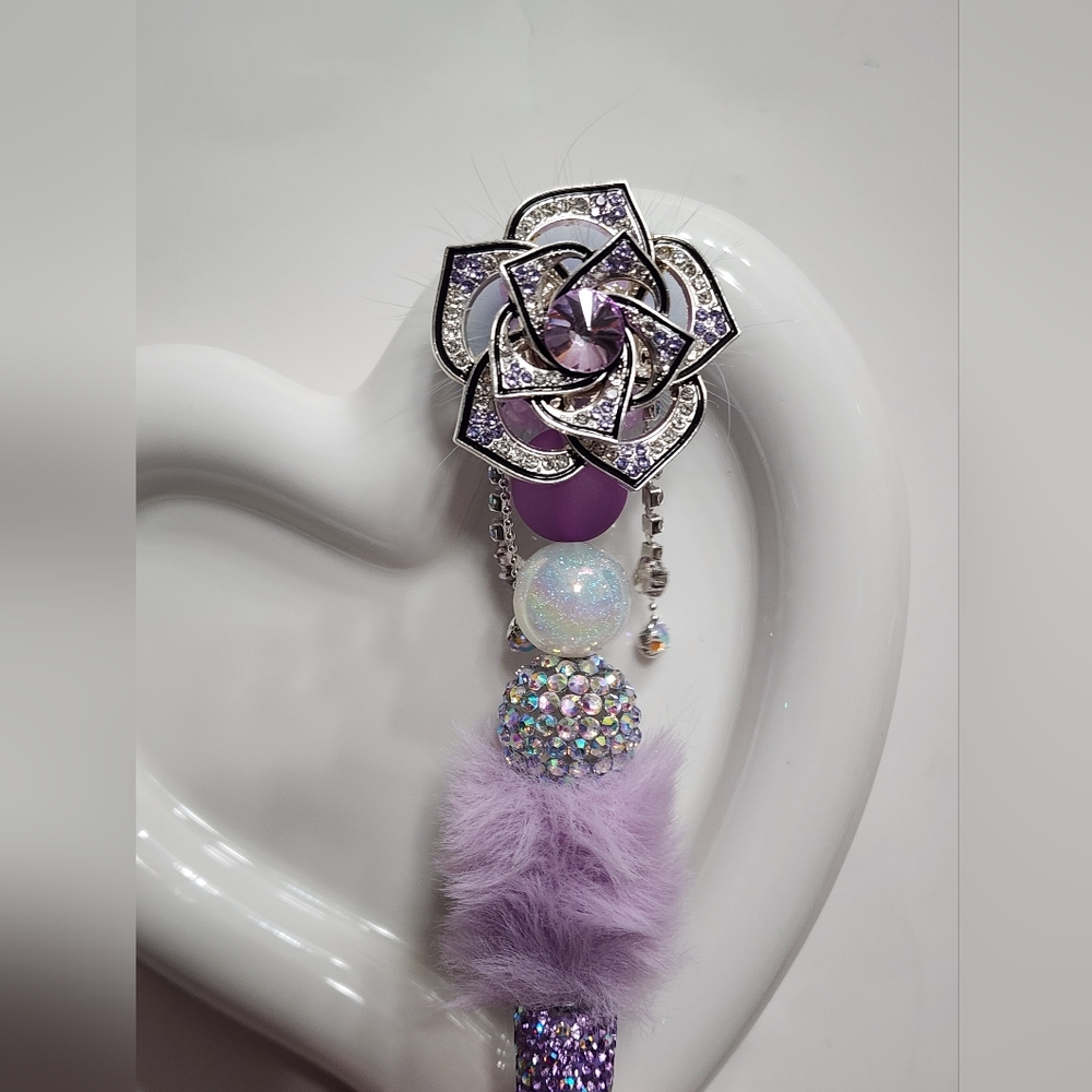 Purple Flower Spinner Pen Rhinestone Pom Pom Dangles Bling Black‎ Ink Refillable